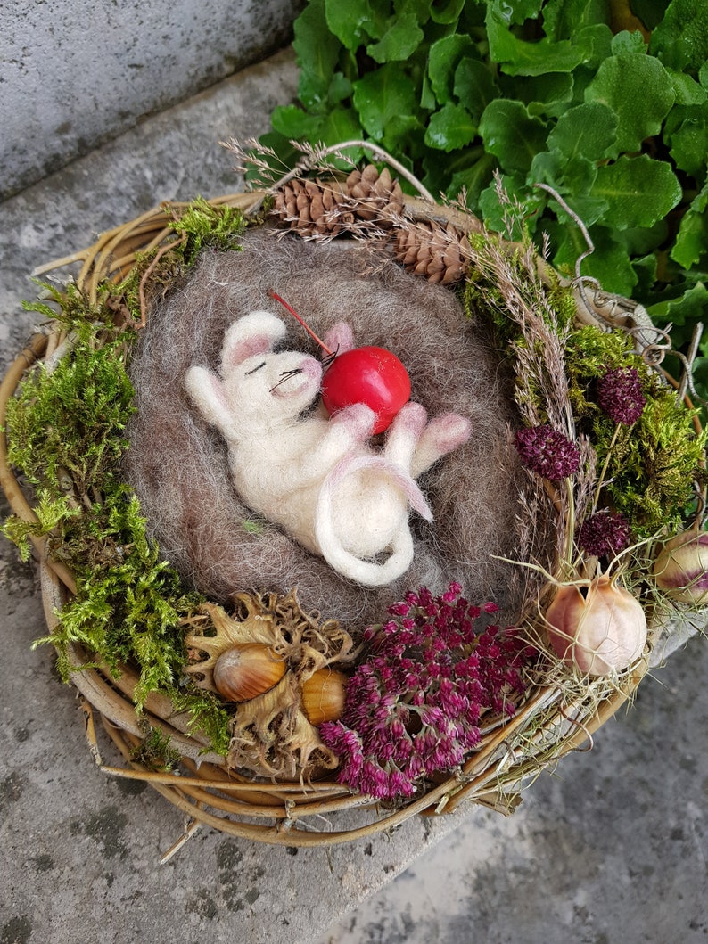 May include: A handcrafted felted mouse figurine resting in a woven nest, holding a red apple. The nest is adorned with moss, dried flowers, pinecones, and acorns. The mouse is white with pink accents, creating a whimsical, nature-inspired decorative piece.
