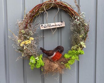 Frühlingskranz Naturkranz mit Filzvogel und Nest, Rotkehlchen aus Filz, Türschmuck für die Frühlingszeit, Willkommen Schild