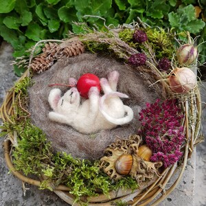 May include: A handcrafted wreath featuring a felted white mouse nestled in a woven nest, holding a red apple. The wreath is adorned with moss, dried flowers, and natural elements. A charming, whimsical decorative piece.