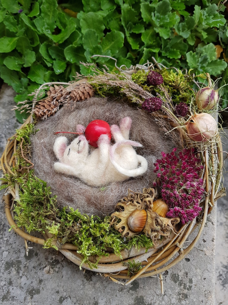 May include: A handcrafted wreath featuring a felted white mouse nestled in a woven nest, holding a red apple. The wreath is adorned with moss, dried flowers, and natural elements. A charming, whimsical decorative piece.