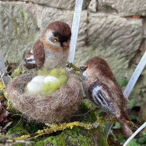 May include: Two brown and white felt birds, one sitting on a nest with three white eggs, the other perched on a branch. The nest is made of brown felt and is filled with green moss.