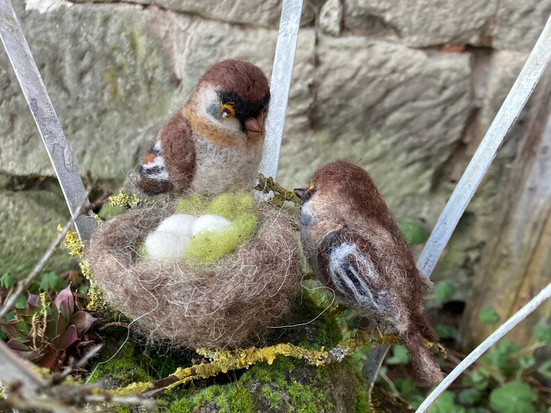 May include: Two brown and white felt birds, one sitting on a nest with three white eggs, the other perched on a branch. The nest is made of brown felt and is filled with green moss.