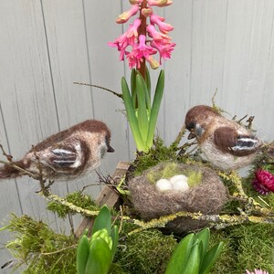 May include: Two brown and white felt birds perched on a nest with three white eggs. The nest is surrounded by green moss and a pink hyacinth flower.
