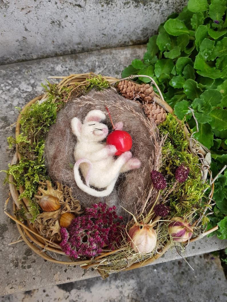 May include: A handcrafted felt mouse figurine, nestled in a woven wreath with moss, dried grasses, and a red cherry. The mouse is white with pink accents, lying on its back. The wreath includes pinecones, nuts, and purple flowers.