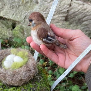 May include: A brown and white felt bird with a nest containing three white felt eggs. The nest is made of brown felt and has a green felt lining.