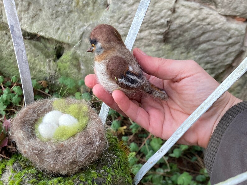 May include: A brown and white felt bird with a nest containing three white felt eggs. The nest is made of brown felt and has a green felt lining.