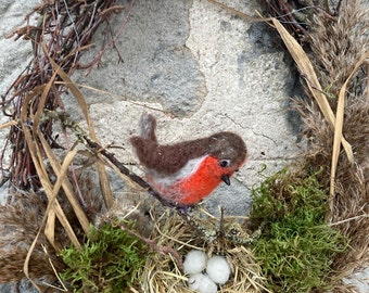 Türkranz Frühling Filzvogel mit Nest Kranz mit Rotkehlchen naturgetreu aus Naturmaterialien, Frühlingskranz mit Filzvogel, Frühlingsdeko
