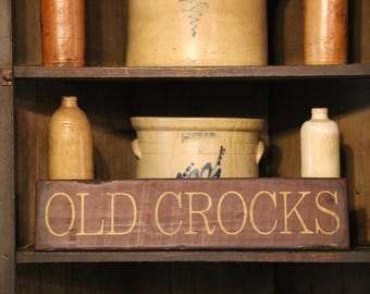 Primitive Handmade Wood "Old Crocks" Sign Burgundy Mustard Distressed 25" x 5 1/2"