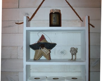 Étagère de rangement pour salle de bain Primitive Farmhouse, corde flottante, blanc vieilli