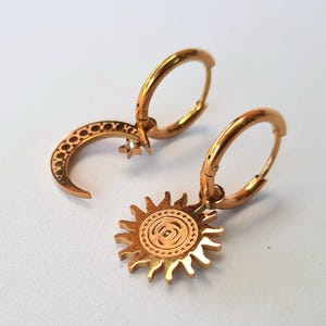 Dangle Drop Earrings, Gold Hoop Earrings, Celestial Jewelry, Sun & Moon Charm, Star Earrings, Sun Earrings, Lunar Jewelry, Boho Gift for Her