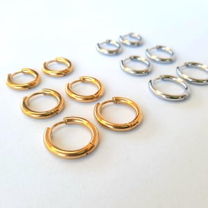 May include: A collection of small hoop earrings arranged in two groups. One group consists of six gold-toned metal hoops of varying sizes, while the other group features four silver-toned metal hoops of varying sizes, all with a smooth finish.
