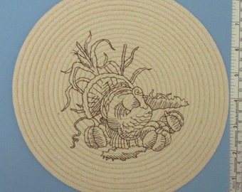 Embroidered clothesline rope trivet / coaster 6" turkey deign