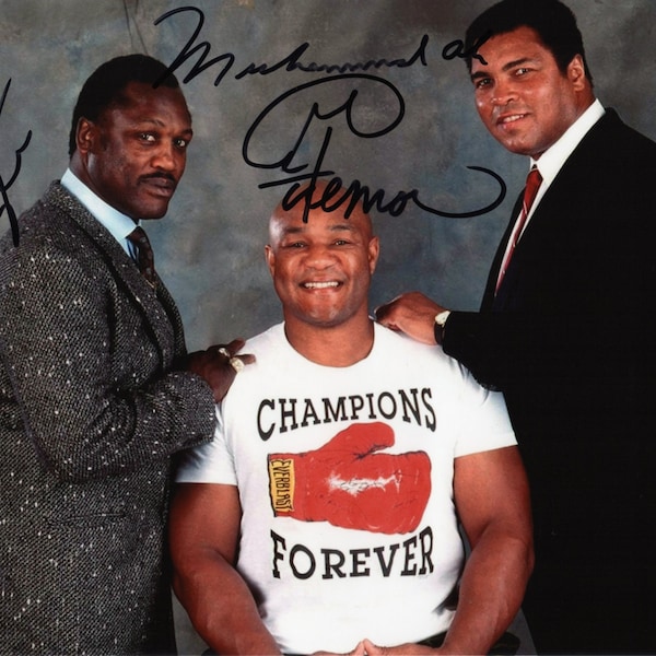 Limited Edition Muhammad Ali Joe Frazier George Foreman Boxing Signed Photograph + CERT PRINTED AUTOGRAPH