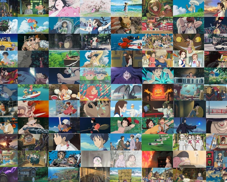 May include: A collage of images from various Studio Ghibli films, including My Neighbor Totoro, Spirited Away, Princess Mononoke, and Howl's Moving Castle. The images feature characters, settings, and iconic scenes from the films.