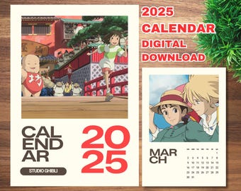 Kalendarz Studio Ghibli na rok 2025: Minimalistyczna grafika filmowa anime (do pobrania cyfrowego)