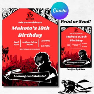 Faire-part d'anniversaire Persona 5 numérique modifiable, carte d'anniversaire Persona 5 personnalisée | Modèle imprimable modifiable sur toile | Téléchargement instantané