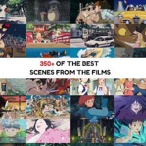 May include: A collage of images from Studio Ghibli films, including scenes from My Neighbor Totoro, Spirited Away, Kiki's Delivery Service, and Princess Mononoke. The text "350+ OF THE BEST SCENES FROM THE FILMS" is displayed in the center of the image.