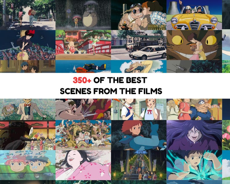 May include: A collage of images from Studio Ghibli films, including scenes from My Neighbor Totoro, Spirited Away, Kiki's Delivery Service, and Princess Mononoke. The text "350+ OF THE BEST SCENES FROM THE FILMS" is displayed in the center of the image.