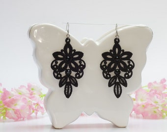 Light black lace earrings, flower earrings, lace earrings
