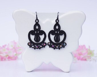 Black lace earrings, Retro earrings, Embroidery earrings, Handmade earrings, Embroidery lace earrings, Lace gift for her, Romantic lace