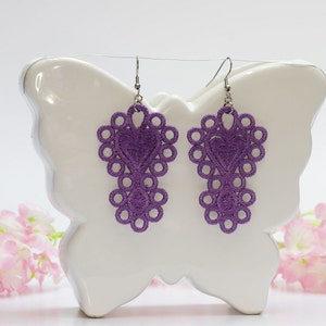Violet earrings, Embroidery lace, Violet lace, Romantic lace, Vintage earrings, Heart earings, Lace gift for her