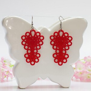 Red Lace Heart Earrings: Handmade Vintage Embroidery