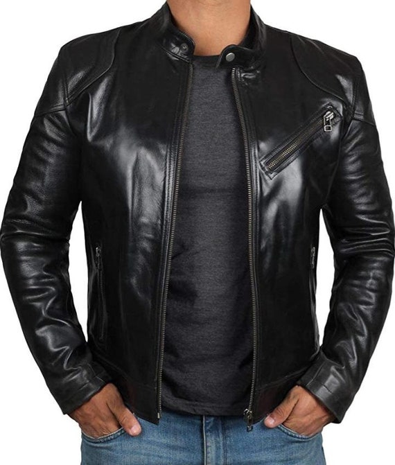 Leather Motorcycle Jacket Men Black Cafe Racer Leather Jackets - Etsy