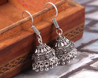 Boucles d'oreilles ethniques Jhumka Jhumki en plaqué argent oxydé pour femme