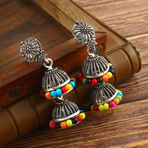 Bollywood Oxidized Silver Plated Handmade multi-color Jhumka Jhumki Ethnic  Earrings Jewelry for women and Girls Best Gift For Her #Multi