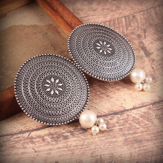 Oxidized Silver Plated  Pearl Studs Jhumka Jhumki Indian Earrings Jewelry for women