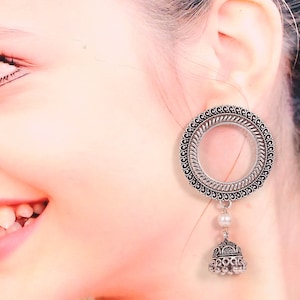 Oxidized Silver Plated  White Pearl Jhumka Jhumki Ethnic Earrings jewelry for women