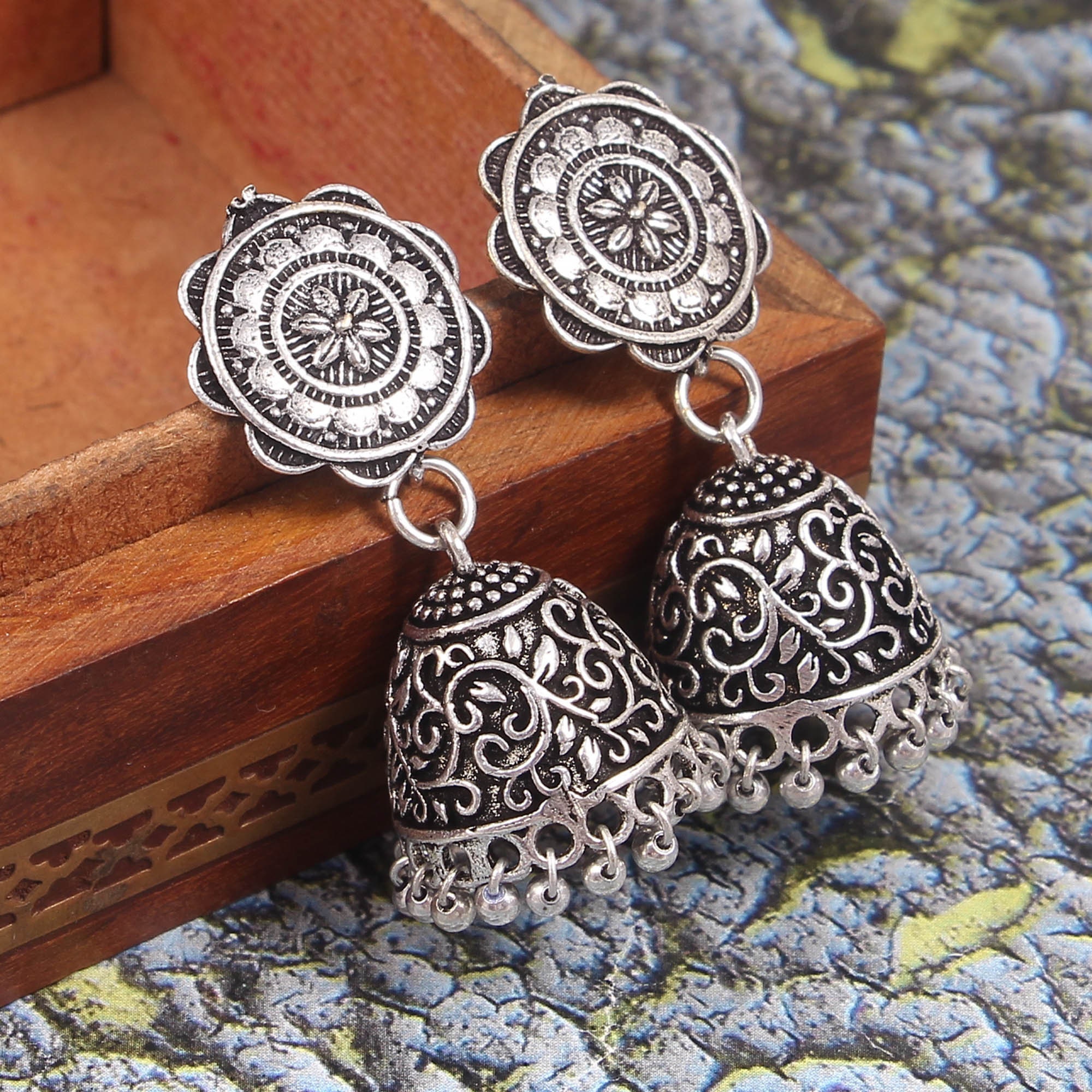 Dual Tone Beads Chandbali / Oxidized Silver Earrings / German Silver Tribal  Bali | eBay