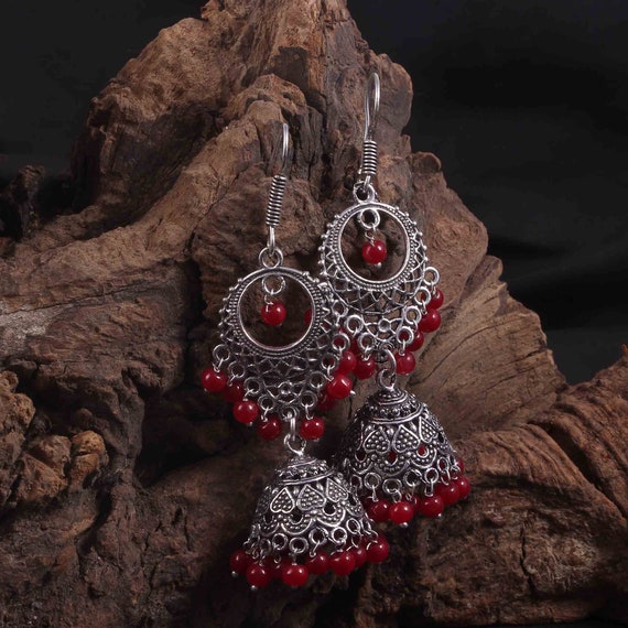 Samreen Chandbali Jhumka Earrings - Red – The Shopping Tree