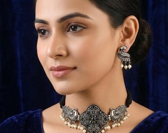 Oxidierte Silber Choker Halskette & Ohrringe Set - Traditioneller Schmuck