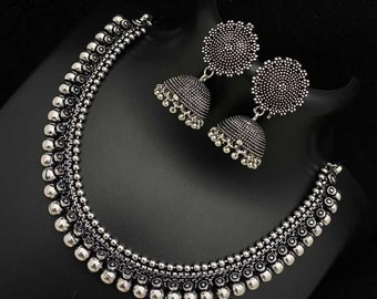 Bollywood Oxidized Silver Plated Designer Jewellery set/ Party wear Jewelry set/ Oxidized choker necklace earrings jhumka jhumki