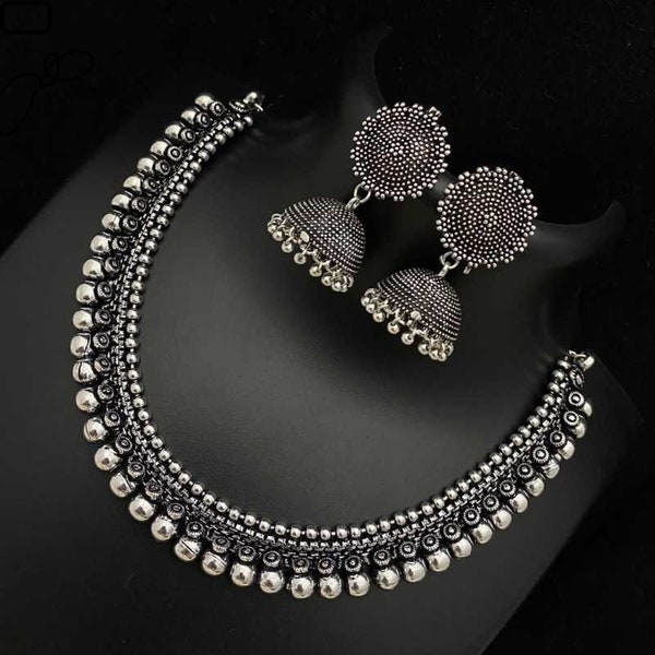 Bollywood Oxidized Silver Plated Designer Jewellery set/ Party wear Jewelry set/ Oxidized choker necklace earrings jhumka jhumki