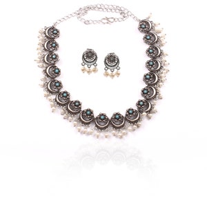 Oxidized Silver plated Wedding Party wear Jewelry set/ Designer Luxury choker necklace with jhumka jhumki earrings sky-Blue image 3