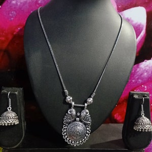 Oxidized Silver Peacock Necklace & Jhumka Set main image 0