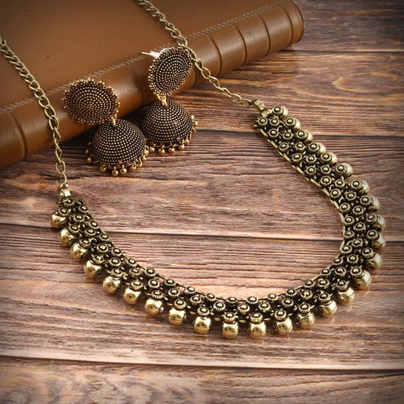 Oxidised gold necklace deals