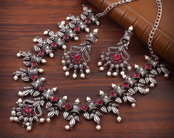 Bollywood oxidierte versilberte Designer-Stein-Halskette, Hochzeit, Party, handgefertigtes Schmuckset/Luxus-Halskette, Ohrstecker, Ohrringe #ROT