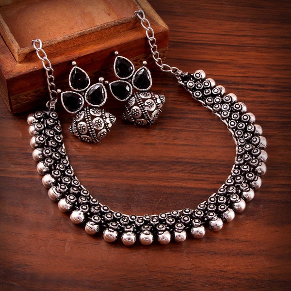 Bollywood Oxidized Silver Plated Handmade Designer Jewellery set/ Party wear Oxidized choker necklace with Stone Studs Statement earrings