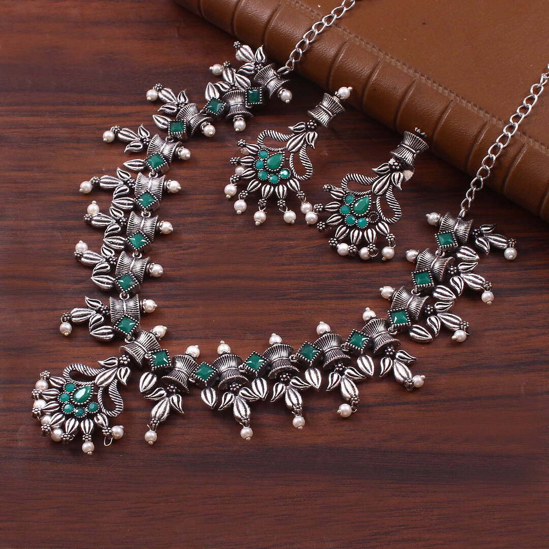 Bollywood Oxidized Silver Plated Designer Stone Necklace Wedding Party Wear  Jewelry Set/ Luxury Necklace Studs Earrings GREEN