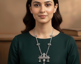 Oxidized Silver Long Necklace for Women Tribal Temple Pendant with Ghungroo Ethnic Indian Jewelry