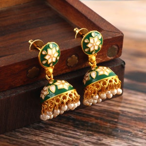 Meenakari Jhumka Earrings: Indian Gold Plated Pearl Jhumki Jewelry