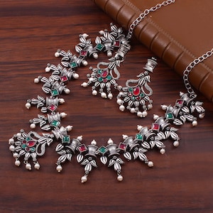 Oxidised Silver plated Stone necklace Wedding Jewelry set/ Luxury necklace with studs earrings
