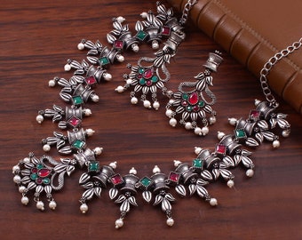 Oxidised Silver plated Stone necklace Wedding Jewelry set/ Luxury necklace with studs earrings