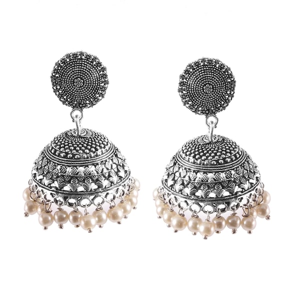 Indian Traditional Bollywood Silver Oxidized Kashmiri Jhumka - Foto 4