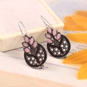 Oxidised Silver Plated  Statement Party Wear Pink Stone Studs Earrings for women & Girls