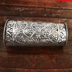 Handcrafted Antique-Style Silver Cuff Bracelet | Floral Engraved Tribal Jewelry | Boho Ethnic Armlet for Women