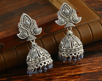 Oxidized Silver Plated Jhumka Earrings: Indian Jewelry Gift